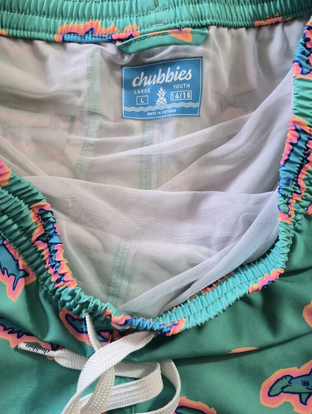 Chubbies Kids Swim Trunks Teal with Blue Shark Print Shorts Size L(14-16) - Picture 4 of 7